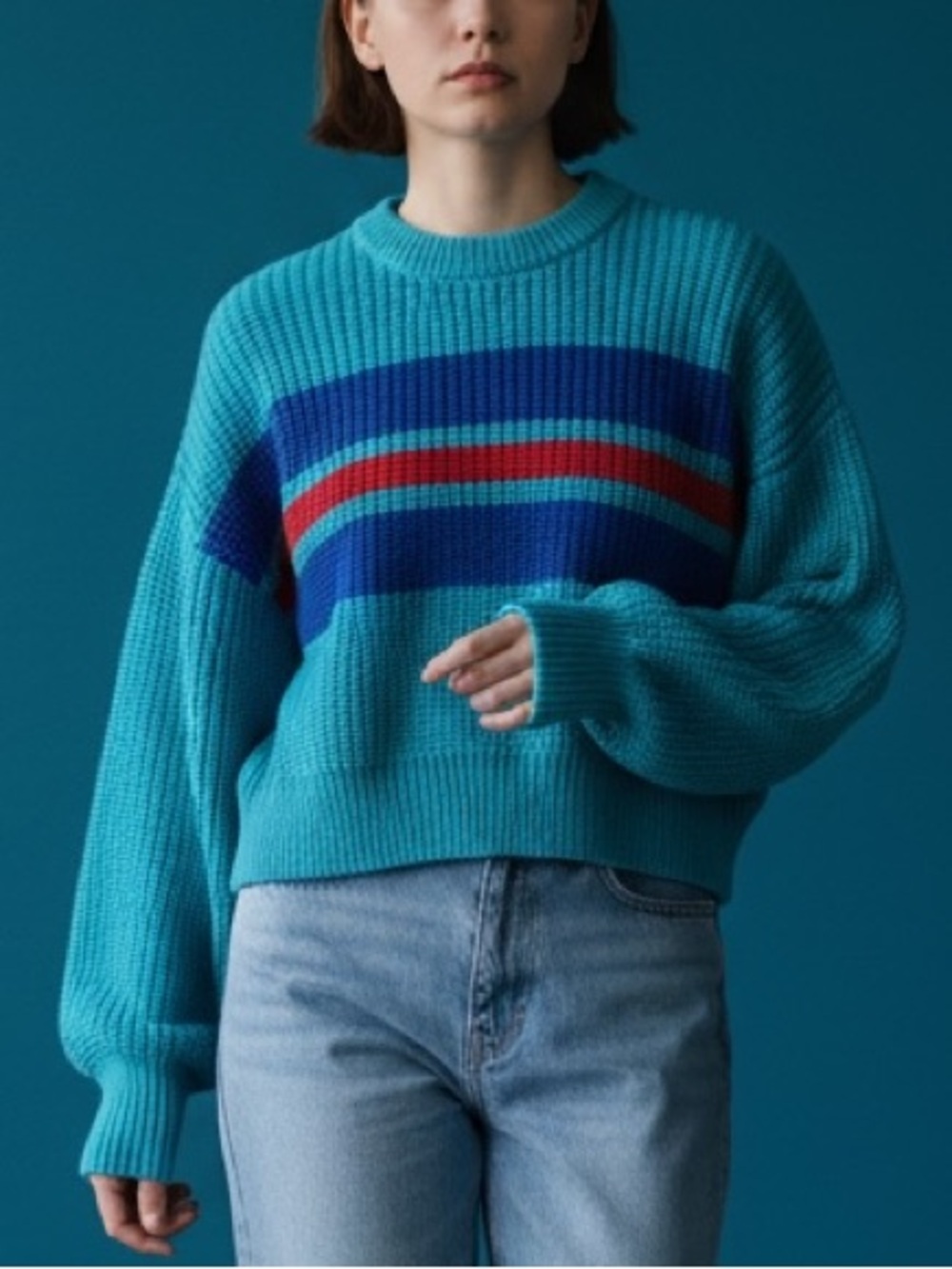 Pull&Bear Turquoise Striped Crewneck Sweater